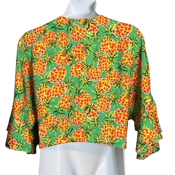 Skies Are Blue Tropical Blouse Large Top Pineapple Print Tie Waist Kimono Sleeve - Picture 10 of 12